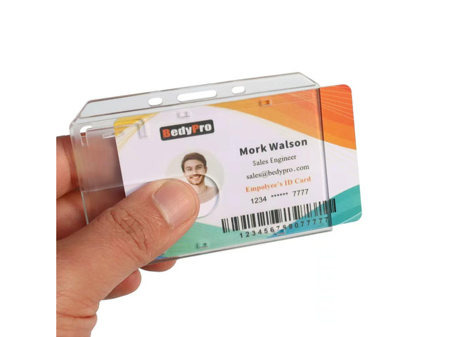 Horizontal Hard Plastic Badge Holder, 50 Pack, Frosted Clear Heavy Duty, Thumb Slot, Easy Access, Slot Chain Holes, Rigid Case Single ID Protector...
