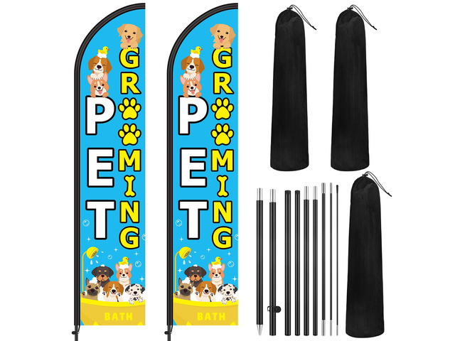 2 Set Pet Grooming Feather Flag Pole Kit with Pole Stake and Bag Dog Grooming Business Ad Banner, 7.9 ft Flag 11.5 ft Pole Height, Stake and Carry...