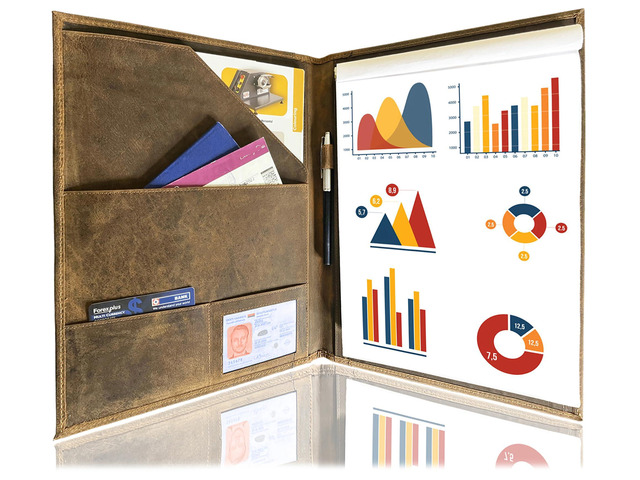 Leather Business Portfolio by A4 Conference Folder Gift for Men & Women Handmade Durable Leather Padfolio 3 + 1 Sleeves for Documents and Notepad