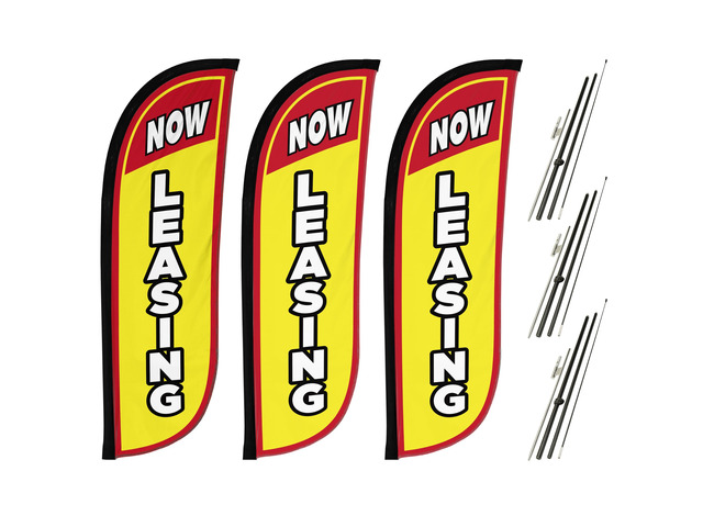 Real Estate Themed Feather Flag Pole Kit 3 Pack - 5 Feet Tall Now Leasing Advertising Flags with 3 Banners, 3 Pole Sets, and 3 Ground Spikes (Now...