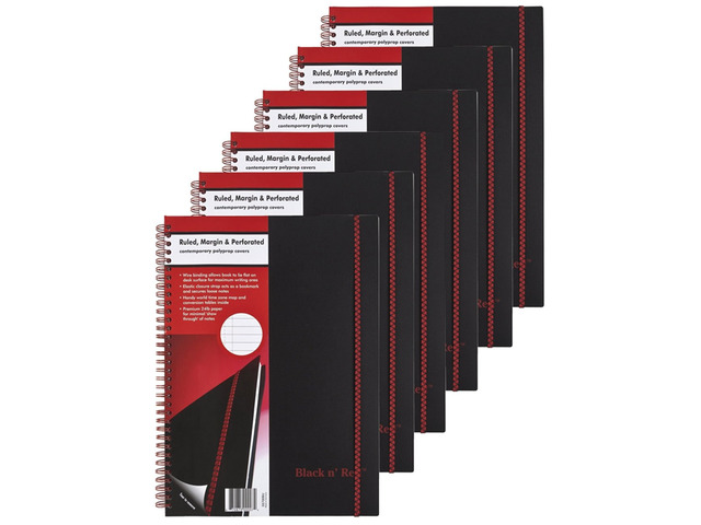 CASE OF 6 Black n' Red Twin Wirebound Notebook, Poly Cover, 11.75 x 8.25 Inches, Black, 70 sheets (E67008)