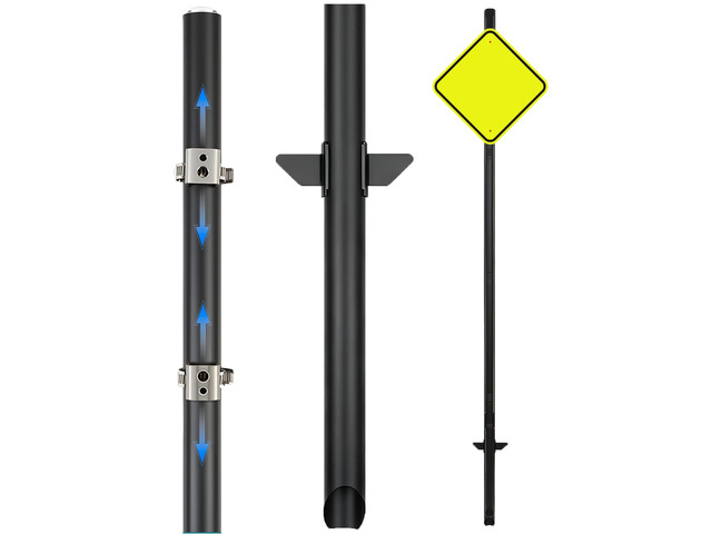 6'6'' Heavy Duty Metal Sign Post, Steel Round Signs Pole with Ground Spike, Adjustable Sign Mounting Brackets, Baked Enamel Finish for Yard,...