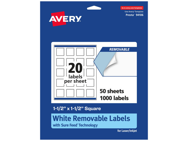 Matte White Removable Square Labels, Sure Feed Technology, Print-to-The-Edge, 1.5' x 1.5', 1,000 Removable Labels, Laser/Inkjet Printable