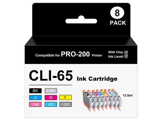 Cli-65 Ink Cartridge Compatible for PIXMA PRO-200 PRO-200S Printer 8-Pack pro 200 ink cartridges (1BK, 1C, 1M, 1Y, 1PM, 1PC, 1GY, 1LGY