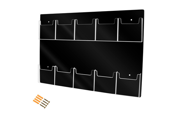 Brochure Holder Wall Hanging with Hardware for 4' Trifolds 10 Slot Rack Black PVC Backing with Clear Pockets for Maps and Menus