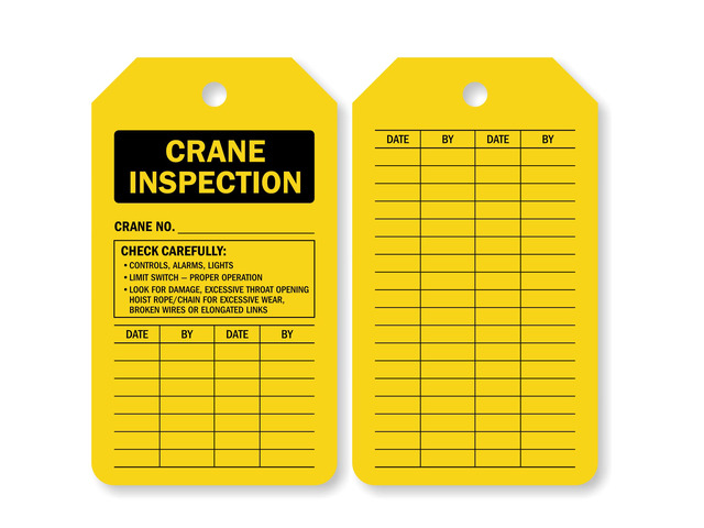 Crane Inspection Tag (2 Sided) 3.375' x 5.875' Plastic Black On Yellow Tags, Pack of 100, Made in USA