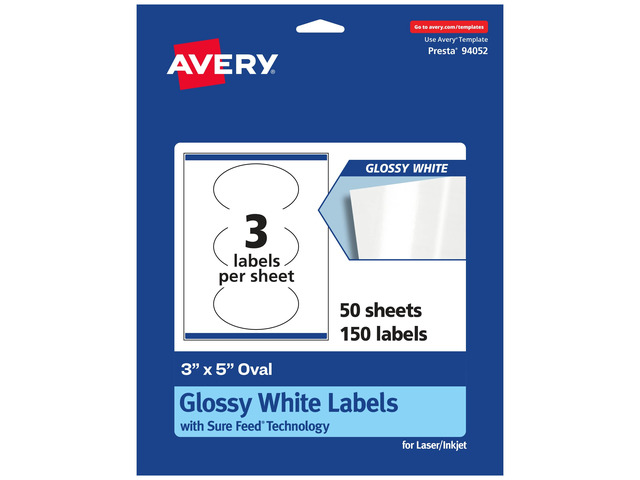 Glossy White Oval Labels, Sure Feed Technology, 3' x 5', 150 Glossy White Labels, Print-to-The-Edge, Permanent Adhesive, Laser/Inkjet Printable