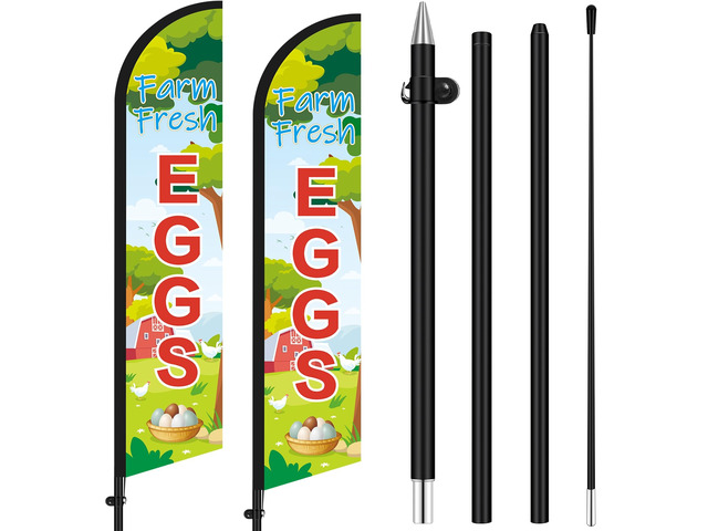 2 Sets Farm Fresh Eggs Feather Banner Flag Kit 12ft Advertising Feather Flags with Flag Poles Windless Business Flags Banner Sign for Farm Fresh...