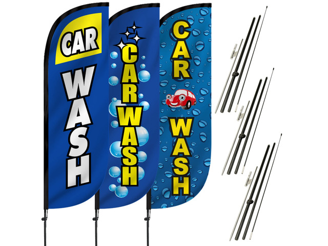 5-Feet Tall Car Wash Themed Feather Flag Banner for Business Advertising 3-Pack, Includes 3 Banner Flags, 3 Aluminum Fiberglass Pole Sets, Bubbles,...