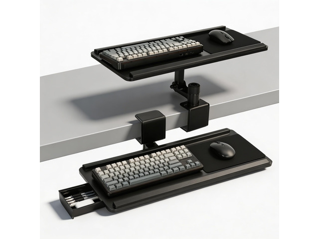 Adjustable Under Desk Keyboard Tray, 25'Ã—10.6'360Â° Rotating Ergonomic Tray Clamp On Keyboard and Mouse Tray with Drawer, Desk Mount Tray for Office...