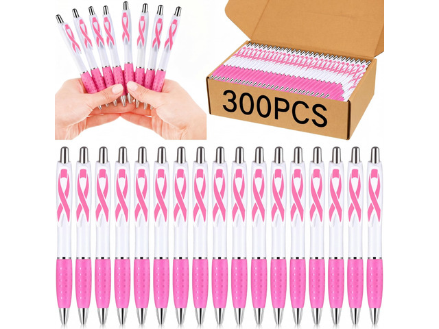 300 Pcs Breast Cancer Awareness Pens Bulk Retractable Pink Ribbon Black Ink Ballpoint Pens Gift Breast Cancer Awareness Party Favors for Office...
