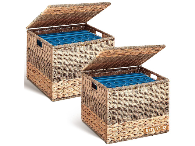 2pcs Decorative File Box Wicker File Basket, Letter & Legal Size Hanging Filing Cabinet with Lid, Handwoven Storage Organizer, Document Home...