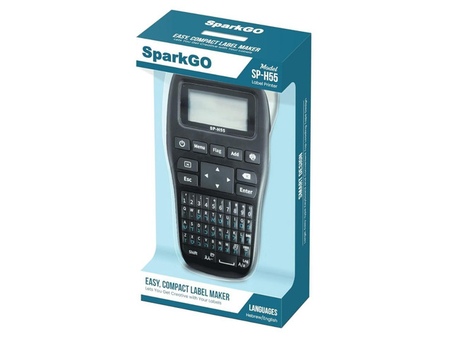 SparkGo SP-H55 Hebrew/English Handheld Label Maker (Black) Over 200 symbols, Easy-access memory, Supports 12mm tapes