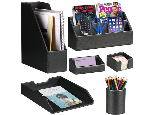 PU Leather 6-piece Office Supplies Combination Set,Pencil Cup,Business Card Holder,Sticky Note Dispenser,Mail Sorter,Letter Tray,Files...