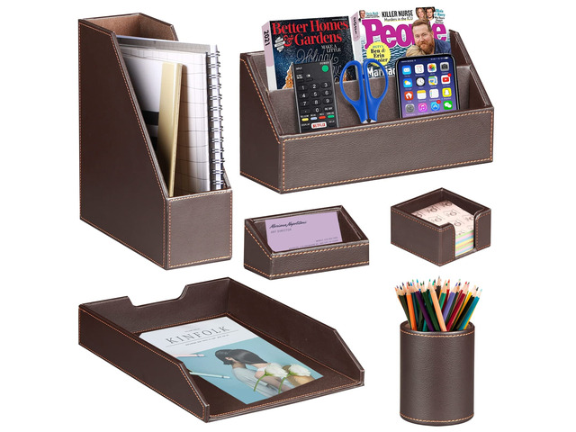 PU Leather 6-piece Office Supplies Combination Set,Pencil Cup,Business Card Holder,Sticky Note Dispenser,Mail Sorter,Letter Tray,Files...