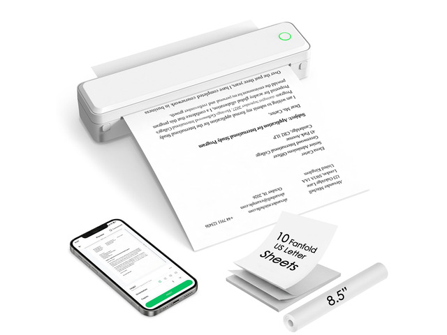 Portable Inkless Printer, Bluetooth Thermal Printer, 8.5x11 Wireless Printer for Travel, Office and Home with 1 Roll and 10 US Letter Fanfold...