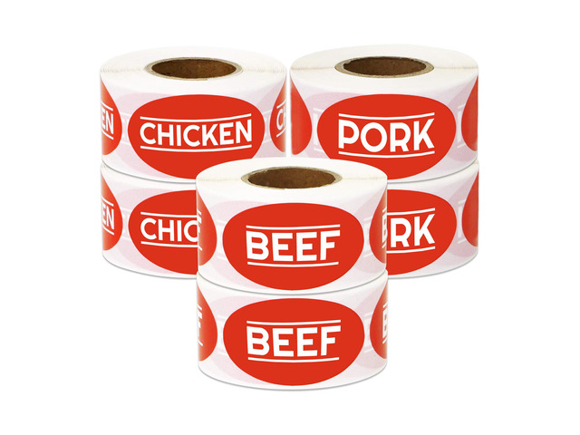 Beef Chicken Pork Meat Sticker Bundle, Red, 1.75 x 1 inch 1800 Labels, 6 Rolls, For Meat Markets & Supermarkets, Food Labeling