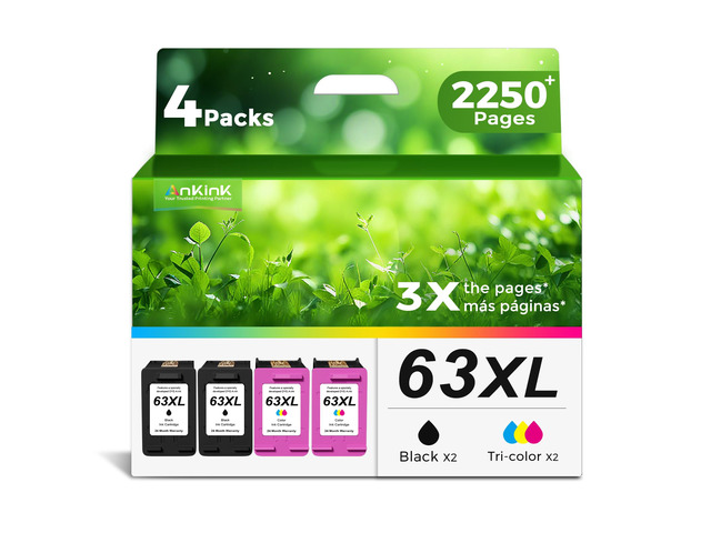Higher Yield 63XL Ink Cartridge 2 Black and 2 Color Combo Pack for HP Ink 63 XL Officejet 3830 4650 4652 4655 5200 5252 5255 5258 Envy 4520 4512...
