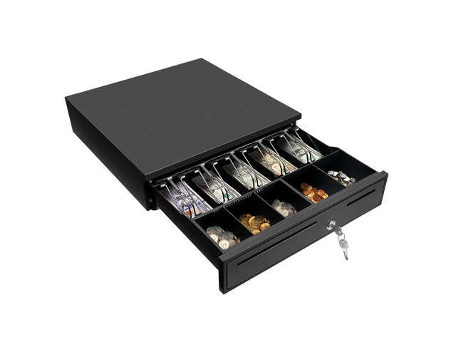 Black Cash Register Drawer 16' Black 5 Bill 5 Coin RJ11 RJ12 Wide drawer with removable coin tray and 2 key-lock, compatible with Epson POS...
