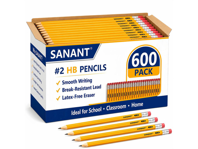 Wood-Cased #2 HB Yellow Pre-Sharpened Pencils with Top Erasers 600 Pack Pre-Sharpened, HB Lead, Drawing and Sketching, Bulk Yellow Pencils for...