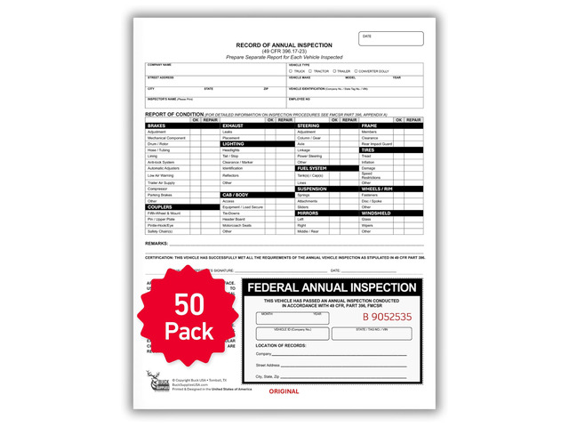 50 Pack 2-Ply Carbonless Record of Annual Inspection Forms with Inspection Decal, DOT Inspection Forms and Stickers, Shrink-Wrapped, 9.5' x 11',...