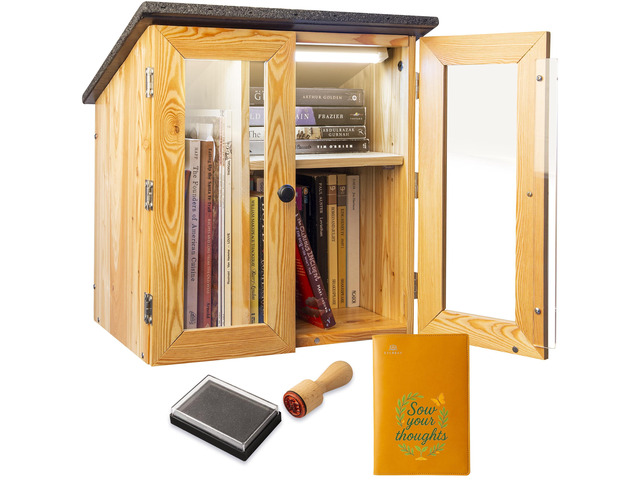 Little Library Box Outdoor with LED Lights, Larch Wood, Waterproof Accessories, adjustable shelves & assembly kit. Community lending box, asphalt...