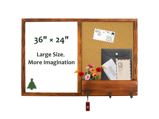 Large Dry Erase Board & Cork Board Combo,35.4'×23.6',Walnut Brown Whiteboard & Bulletin Board Combo,Solid Pine Wood Frame,Wall-Mounted Mail...