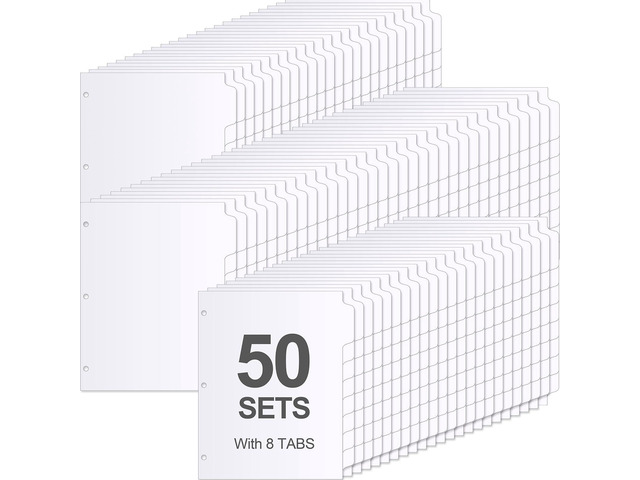 400 Pieces 50 Sets 3 Ring Binder Dividers with Tabs 11. 5 x 9 Inch 8 Tab Dividers for 3 Ring Binders Letter Size Page