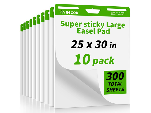 Super Sticky Easel Pad, 25 x 30 Inches, 30 Sheets/Pad, 10 Pads (300 Sheets), Thick 100gsm Flip Chart Paper, Self-Stick Anchor Chart for Teachers,...