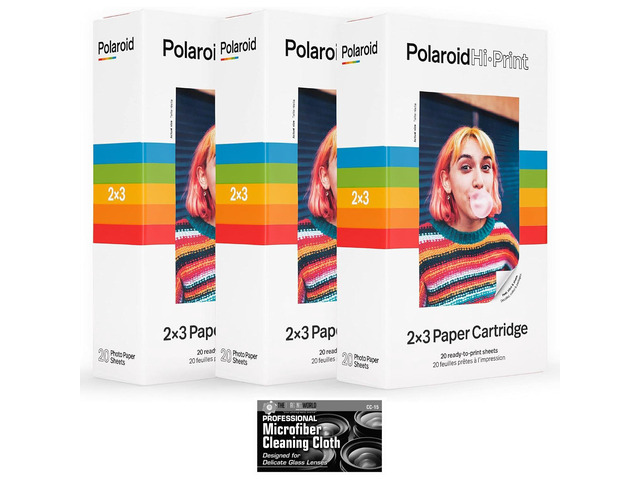 Polaroid Hi-Print Paper - Triple Pack of 2x3 Paper Cartridge (60 Sheets) - with MicroFiber Cleaning Cloth