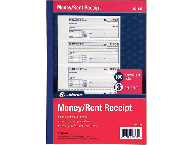 Money and Rent Receipt Book, 3-Part, Carbonless, White/Canary/Pink,7 5/8' x 10 7/8', 100 Sets per Book (TC1182) (12 Pack) (Two 6 Packs)