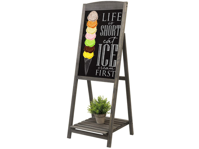 Vintage Gray Wood A-Frame Chalkboard Easel, 45' Freestanding Decorative Chalkboard Sign with Plant Shelf Stand