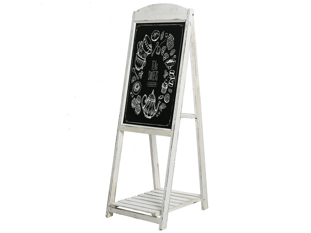 45 Inch Tall Vintage White Weathered Paulownia Wood Sidewalk Chalkboard Sign with Plant Shelf Stand, Freestanding A-Frame Easel Erasable Message Board