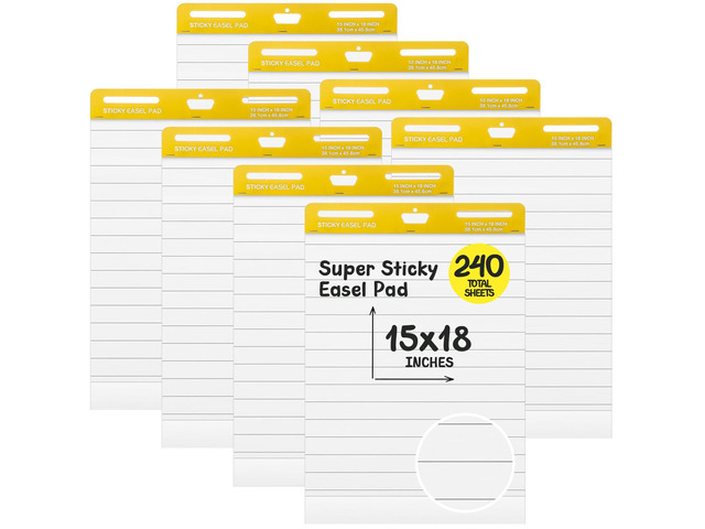 8 Pcs Chart Paper Lined Sticky Easel Pad, 30 Sheets/Pad 15 x 18 Inch Flip Large Chart Paper Sticky for Wall, Self Stick Easel Pads for Office...