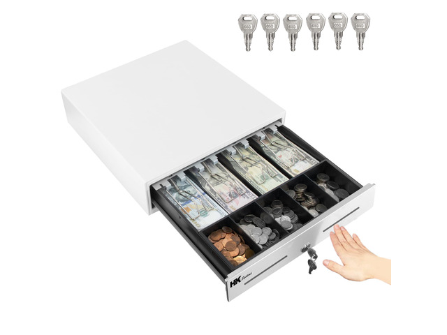 13inch Heavy Duty Manual Push-Open Cash Drawer with 4Bill/5Coin, Removable Till, 'Stainless Steel Front' with Single Large Media Slot,White