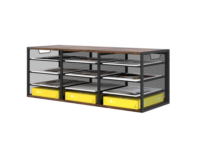 12 Compartments Desktop Literature Organizer, Metal Frame Paper Sorter with Handles, Heavy Duty Mailbox for Classroom and Office, Wood File...