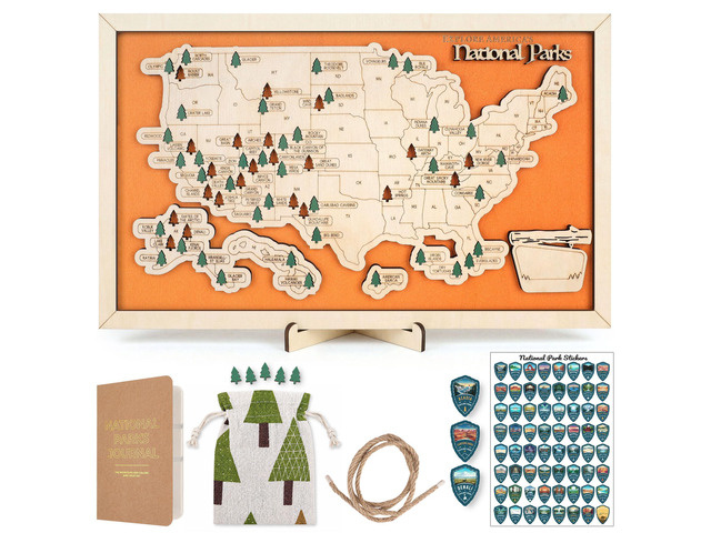 National Park Map Tracker, US National Parks Map, Wooden National Park Checklist Map Includes Journal, Pins & Stickers, National Park Lovers Gift...