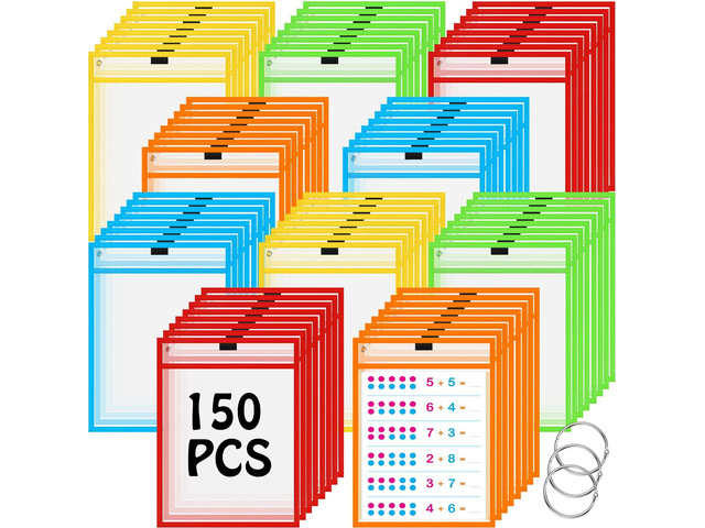 150 Pcs Dry Erase Pockets Bulk Reusable Job Ticket Holders Clear Plastic Sleeve Protector Work Order Sleeve Shop Ticket Holder for Teacher Week...