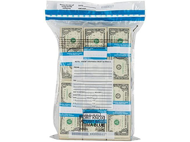 Ultima Blue Dual Pocket Clear Deposit Bags 12W x 16H Pack of 100 Tamper Evident Captive Flap Closure