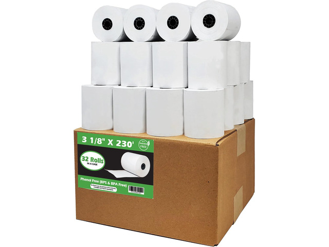 Phenol Free Thermal Paper 3 1/8' x 230' ft (Also BPA & BPS Free - 32 Rolls) Climate Friendly Receipt Rolls fits all Clover POS Cash Register...