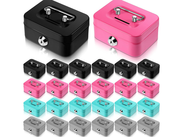 24 Pcs Small Money Cash Box with Lock and Slot Metal Box for Cash Steel Organizer Piggy Bank Metal Coin Bank for Adults, 4.5 x 3.3 x 2 Inch,...