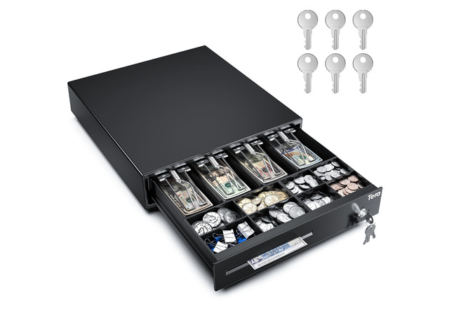 13 inch Auto Open Cash Register Drawer with 6 Keys Heavy Duty 4 Bill 8 Coin Removable Cash Tray Media Slot 24V RJ12 Key-Lock Round Corner for POS...