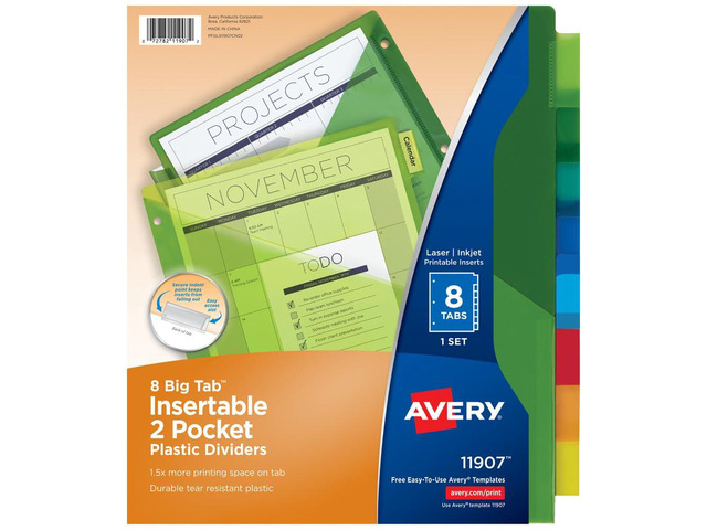 Dividers for 3 Ring Binders, 8-Tab Two-Pocket Plastic Binder Dividers, Multicolor (24 Sets of 11907)