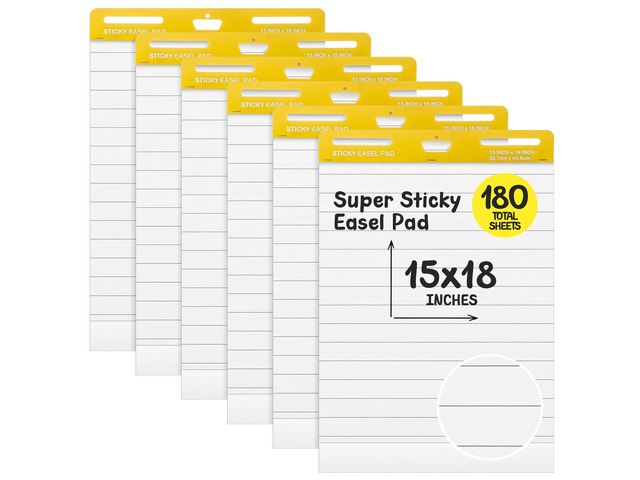 6 Pcs Chart Paper Lined Sticky Easel Pad, 30 Sheets/Pad 15 x 18 Inch Flip Large Chart Paper Sticky for Wall, Self Stick Easel Pads for Office...