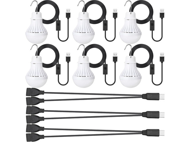 Funtery 6 Pcs USB LED Light Portable Light Bulb with USB Hanging Camping Light Splitter Cable for Camping Tent Garage Warehouse Car Truck Outdoor,...