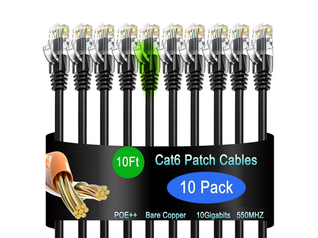Cat6 Ethernet Cable 10 ft (10 Pack) - Network Patch Cable for Data Centers, Home and Enterprise Networks, 10G Compatible - Black