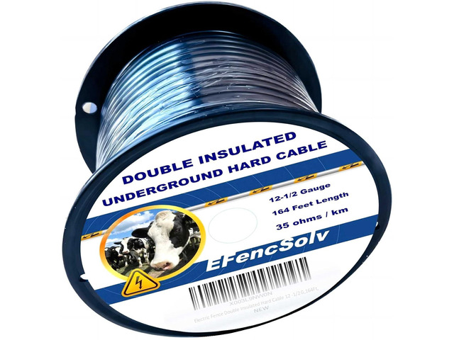 Electric Fence Double Insulated Underground Cable 12-1/2 Guage / 2.5mm Steel Wire Core, 164 Feet Length, Spooled on Plastic Cable Reel