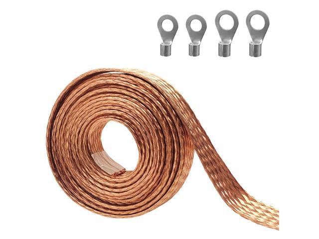 9.8ft 1/2 inch Flat Copper Braided Ground Strap Wire Sleeve Expandable Shielding Wire Mesh with Rings Terminal for Ground Protection Cable