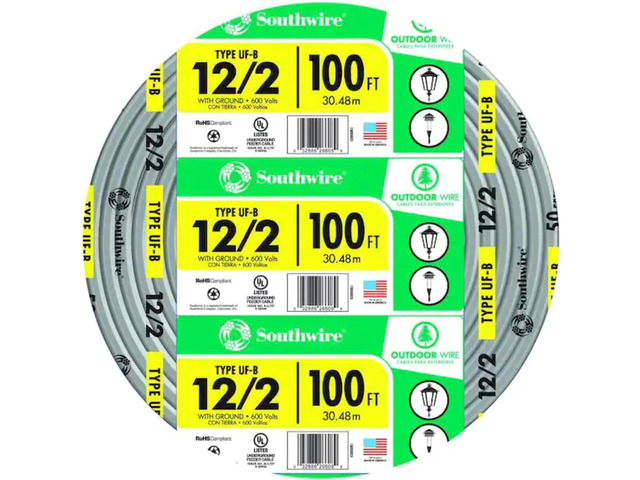Southwire 12/2 UF B Wire with Ground, 100 ft, Gray Solid Copper Direct Burial Cable for Outdoor & Underground Use, 600V