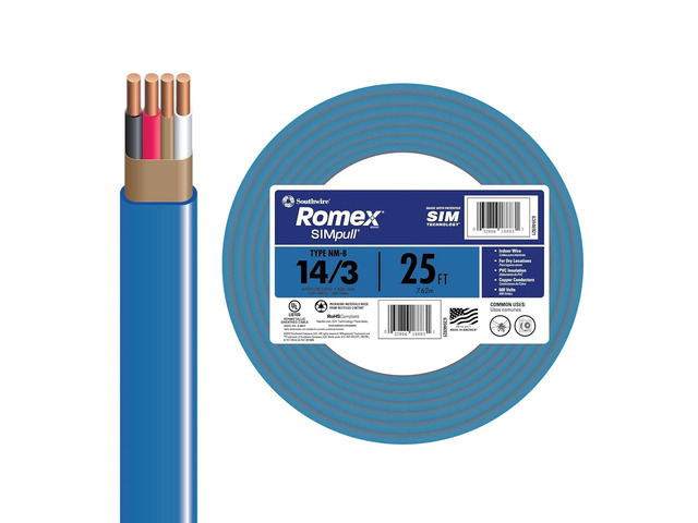 Southwire Romex SIMpull Electrical Wire, 14 Gauge, 3 Conductor, 25 Ft, NM-B Cable, Blue, 63946921